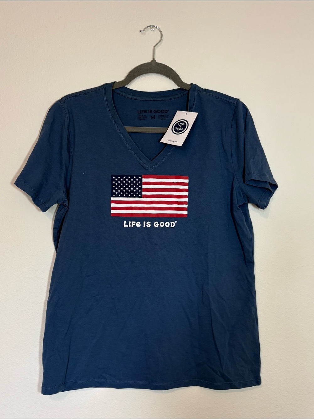 Life is Good Navy V‑Neck Tee with American Flag